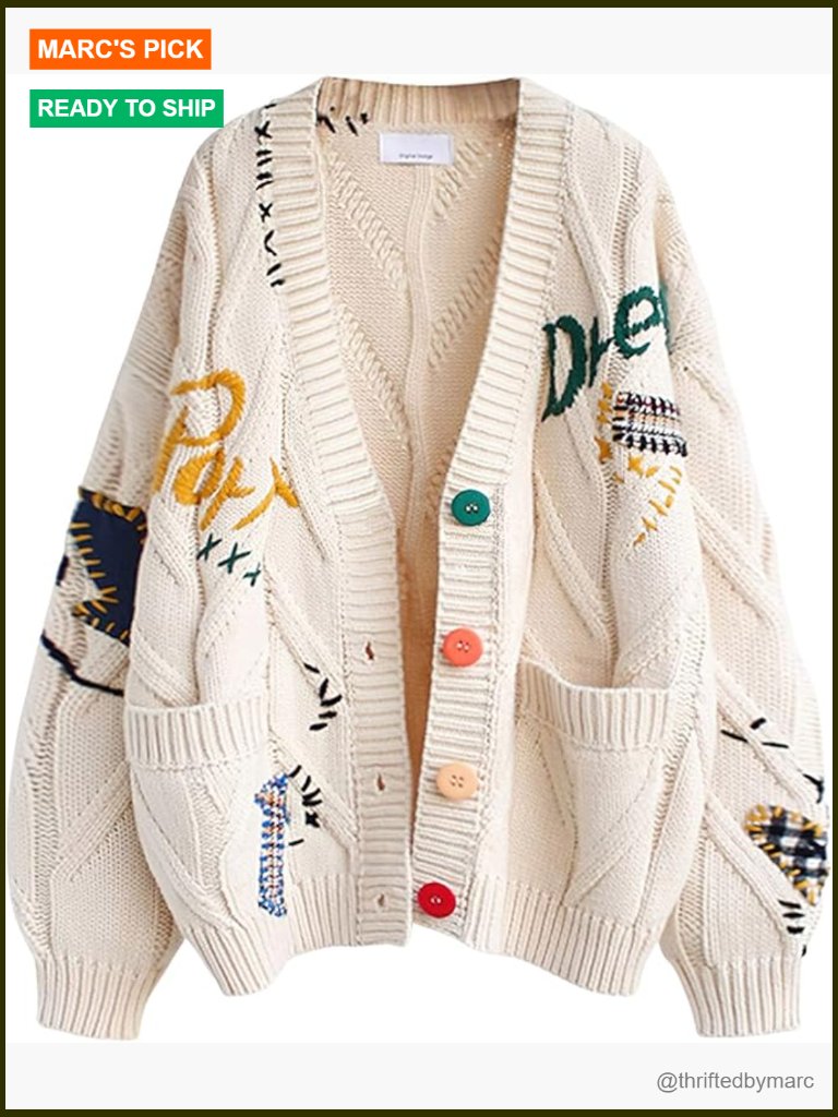 Cable Knit Open Front Cardigan V-Neck Button Down Embroidery Wool Blend Sweater